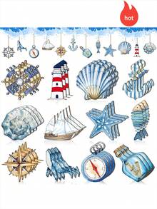 12/24/36pcs/Set Ocean Sailing Adventure Theme Wooden Decorations, Summer Beach Decor, Includes Rudder, Seashell, Whale, Starfish, Boat, Lighthouse, And Driftwood Bottle, Suitable For Nautical Party Christmas Decorations Home Christmas Gifts Christmas Decor - Multicolor - View 1