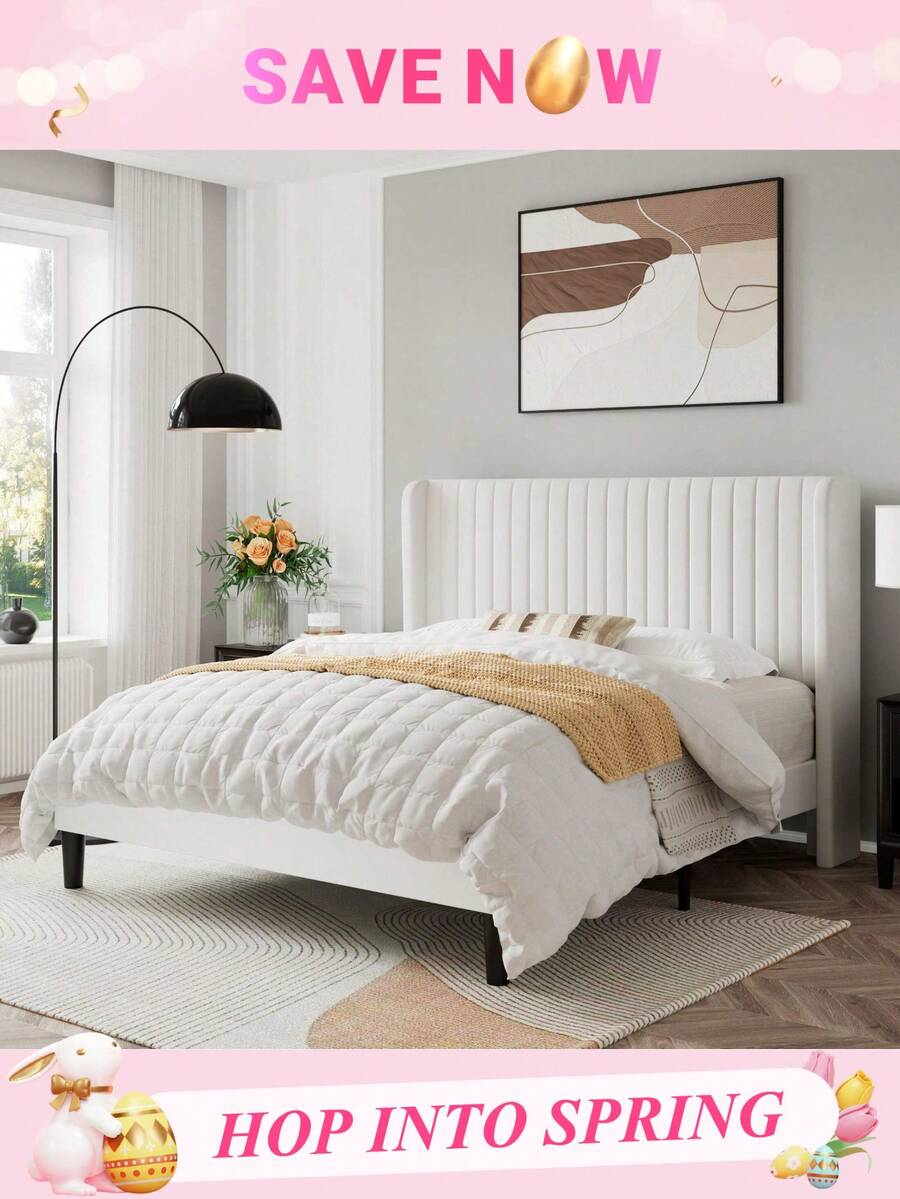 Allewie Full/Queen/King Size Velvet Bed Frame/Vertical Channel Tufted Wingback Headboard/Upholstered Platform Bed/Strong Wooden Slats/No Box Spring Needed/Easy Assembly/Blue/Black/White/Green/Teal/Pink/Grey * Bed Frame Queen Queen Bed Frame Bed Frame Full Full Size Bed Frame King Size Bed Frame Twin Bed Frame Room Decor Home Decor Christmas Decor Bedroom Decor Valentine Day Decor Storage Living Room Decor Furniture House Decor - 白色 - 查看 1