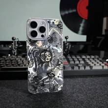 1pc Sun, Moon, Face Expression Design Phone Case, Asymmetrical Wave Pattern, Distressed Vintage Look, Compatible With Apple, Compatible With OPPO, Compatible With VIVO, Compatible With Honor, Compatible With Redmi, Transsion Phones Waterproof Shockproof Anti-Fall Scratch Resistant - Multicolor - View 3