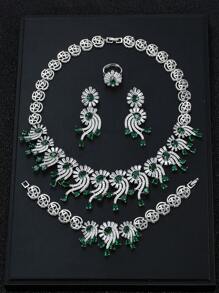 Set de 1 juego de 5 piezas de joyería de lujo con cubic zirconia, collar, aretes, pulsera, anillo con diseño de flor para mujeres, para ocasiones especiales