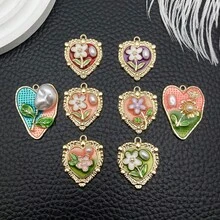 1 件装混合法式复古珐琅花卉油画吊坠圆形珍珠玫瑰合金精致优雅吊坠适用于 DIY 女士手链项链耳环钥匙扣珠宝制作工艺配件 - 彩色 - 查看 14