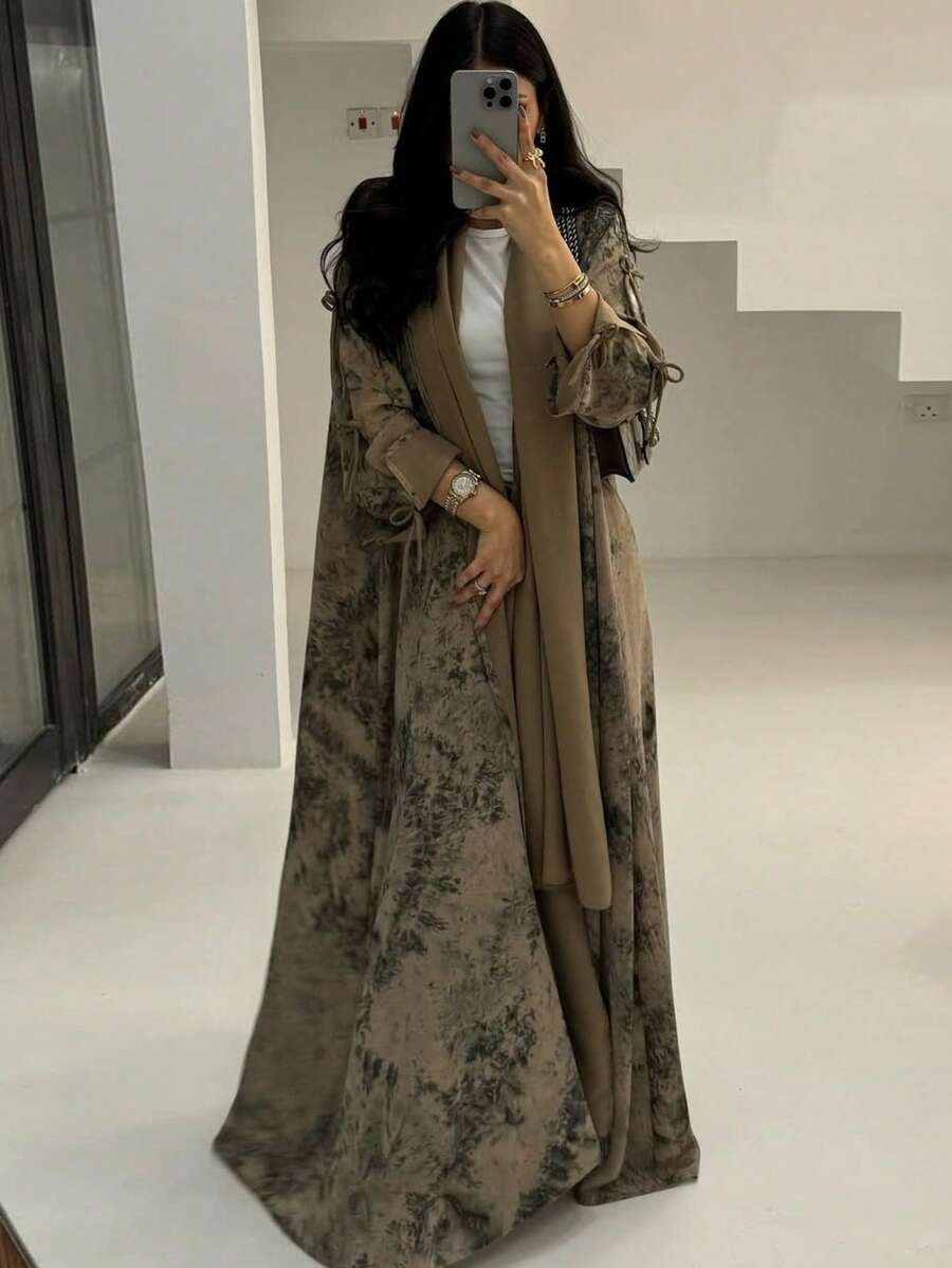 Women's Long Chiffon Printed Abaya With Headscarf, Long Sleeve Robe - Apricot - View 1