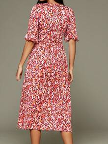 Europa i Stany Zjednoczone Francuskie retro nadruki bufiaste rękawy głęboki dekolt w serek wysoki otwarty rozporek seksowna sukienka średniej długości bez nogawek wiosna i lato nowe lekkie i wygodne sukienki w stylu boho