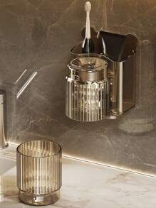 1PC Wall Mounted Toothbrush And Mouthwash Cup Holder, Brown Black White Clear Plastic Toothbrush Holder, No Drilling Bathroom Organizer Rack For Toothpaste And Brush Storage Home Bathroom Decor Fall Decor Back To School