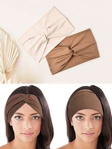 新款纯色宽发带，女士交叉绑带发饰，适合运动、瑜伽，时尚女孩头巾，休闲波西米亚风，欧美运动发带，女士宽版瑜伽弹力发带，跑步发带，运动发饰，头饰，返校发饰 - 彩色 - 查看 2