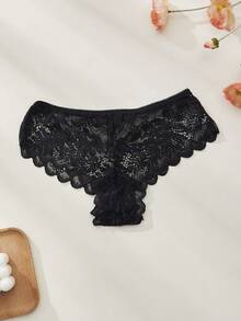 3pcs Women's Sexy Panties, Translucent Lace Low Rise Briefs, Summer Lightweight, Romantic, Sexy Black Thong, Solid Color Shorts, Elegant Women's Lingerie - Black - View 3