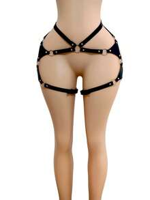 哥特式性感吊带装，PU 皮革可调节内衣套装和裤子，派对角色扮演配饰，狂欢 - 黑色 - 查看 7