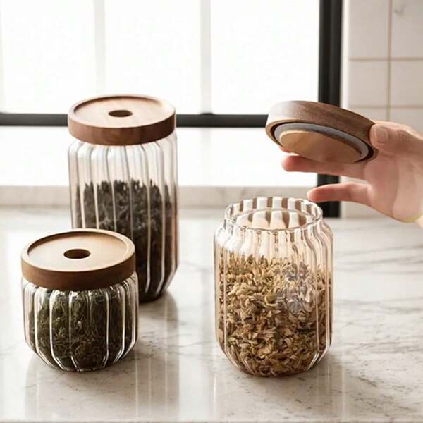 1pc Glass Food Storage Container With Wooden Lid, Round Jar For Tea, Snacks, Coffee Beans, Multi-Purpose, Reusable, Freezer Safe, Flip-Top Closure, No Electric Required - High Borosilicate Glass Container
