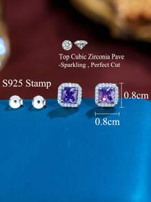 1 Pair 925 Sterling Silver Purple Amethyst Cubic Zirconia Square Stud Earrings For Women, Fine Jewelry Wedding Bridal Party Accessories, Holiday Gift