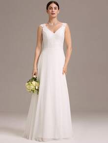 EVERPRETTY Noble Lace Contrast Chiffon Sleeveless Applique V Neck Backless Wedding Dress For Summer Beach Wedding Party White Dress, Bride - White - View 5