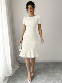 2025 Frühling Sommer Damen Sommer elegantes Jacquard-Texture einfarbiges Kleid mit rundem Ausschnitt, Rüschen, Puffärmeln und Knielänge