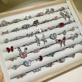 10pcs/Pack Luxury Moonstone Inlaid Zinc Alloy Open Ring Set, Elegant Versatile Mixed Styles Multi-Piece Rings For Party, Wedding, Daily Wear, Jewelry Accessories, Best Gift, Random Delivery In OPP Bag