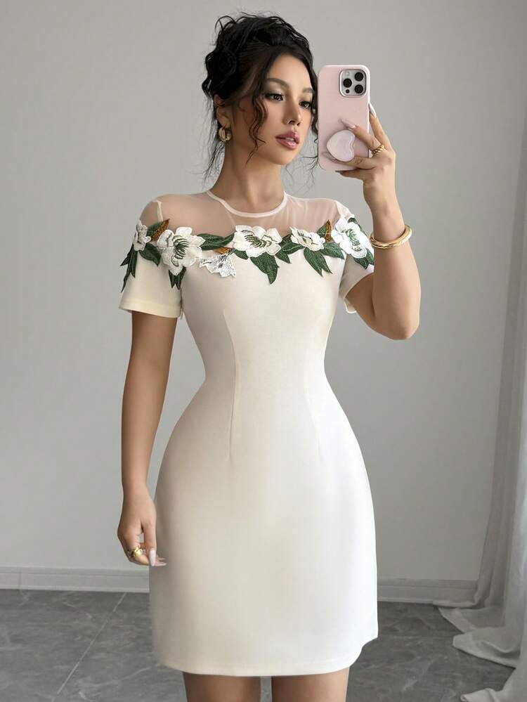 1pc Fitted Short Dress With New Summer Hollow Collar And Embroidered Floral Design Vacation Elegant - Apricot - View 5