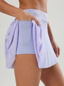 VUTRU 女士网眼拼布百褶裙防闪烁二合一网球裙，适合慢跑 - 紫色 - 查看 3