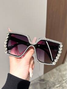 1pc Vintage Square Large Frame Rhinestone Decorated Women Fashion Fashion Glasses, Suitable For Traveling, Cycling And Daily Outfit - Multicolor - View 2