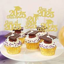 24pcs Class Of 2025 Cupcake Toppers Glitter Graduation Cap Cupcake Picks For 2025 Graduation Theme Party Cake Decorations Supplies - Multicolor - View 11