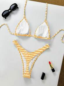 Women's Basic Striped Print Swimsuit, Suitable For Various Occasions From Pool To Beach In Summer, Daily Mini Triangle Bikini Beach Outfit - Yellow - View 4