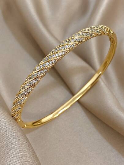 1pc Simple Twists Bracelet For Women Copper Alloy Thin Bangle Bracelet Elegant Zirconia Bracelet For Daily Party Christmas Birthday Jewelry Gifts