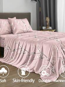 4pcs Pink Plum Blossom Pattern Bedding Set, Soft Microfiber Bedding Set Includes 1 Bed Sheet, 1 Fitted Sheet, 2 Pillowcases, Suitable For Twin, Full, Queen, King Size Beds, Deep Pocket Fitted Sheet Fits Up To 11.8 Inch Mattress, Breathable And Wrinkle-Free, Luxury Hotel Style, Great Gift For Parents, Friends, Dorm Room - Pink - View 2