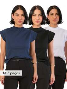 Kit 3 T Shirt Muscle Tee Blouse Turtleneck Women Short Sleeve Basic Plain Black White Nude T-Shirt - Màu xanh hải quân - Xem 1