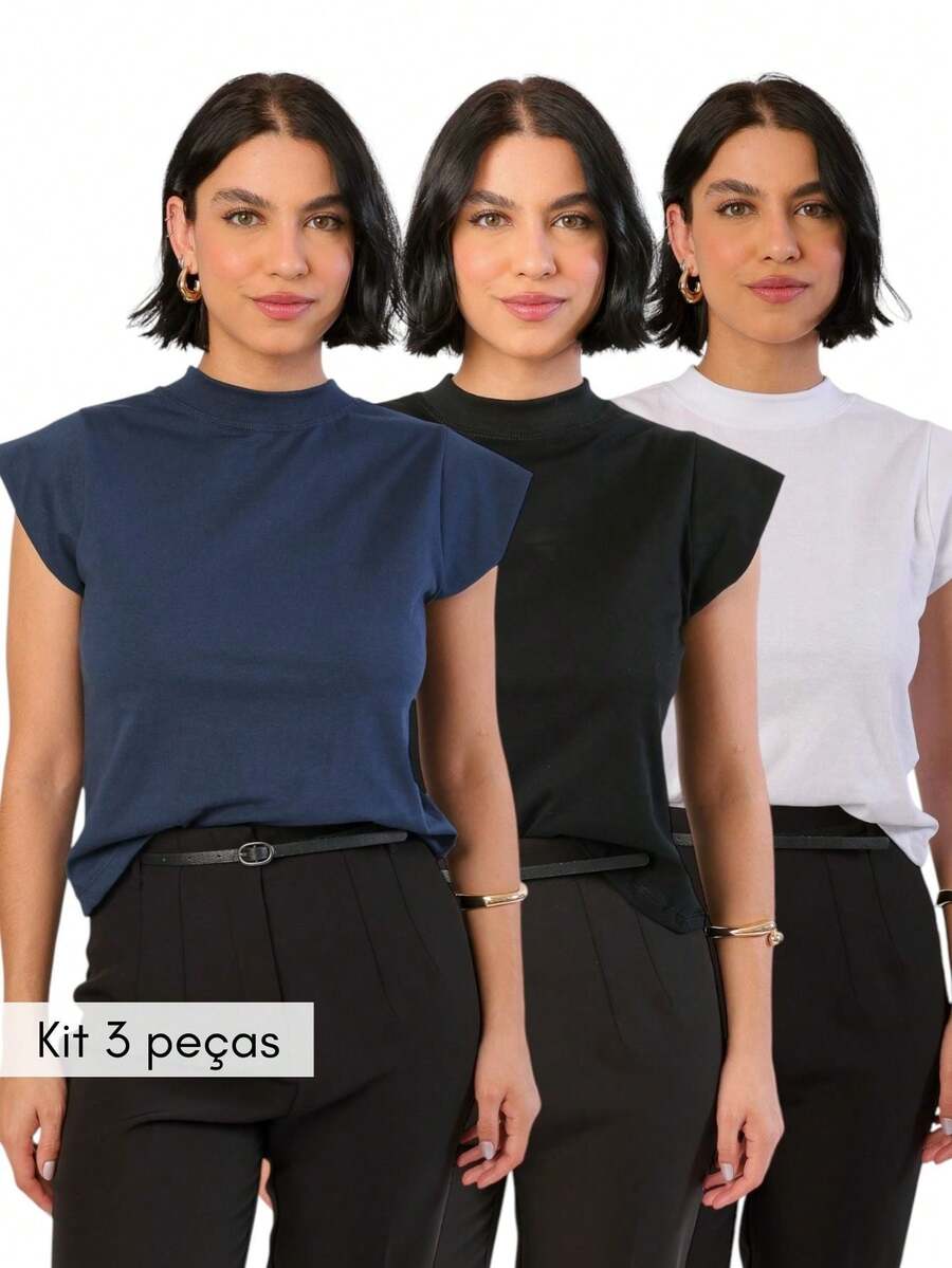 Kit 3 T Shirt Muscle Tee Blouse Turtleneck Women Short Sleeve Basic Plain Black White Nude T-Shirt - Màu xanh hải quân - Xem 1