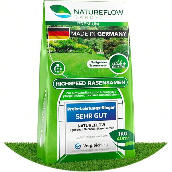 Rasensamen schnellkeimend Frühjahr 1kg 40qm - TEST SEHR GUT - Schnell wachsende Rasen Nachsaat Made in Germany - Premium Grassamen schnellkeimend - Rasensaat für sattgrünen Traumrasen
