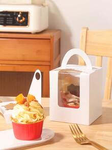 50 个独立白色纸质纸杯蛋糕盒，带透明窗口和手柄，适用于小蛋糕和松饼，标准纸质糕点容器