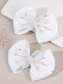 2pcs Sweet Butterfly Hair Bow Clips For Toddlers Girls ,Lace Butterfly Decor Hair Bows ,Exquisite Faux Pearls Decor Hair Pins ,Alligator Clips ,Kids Teens Hair Accessories ,Suitable Daily Life ,Vacation (Beige /Pink ) - Multicolor - View 10