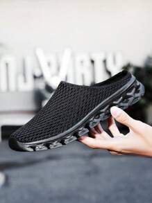 Men's Black And Gray Breathable Mesh Slip-On Casual Slippers, Thick Non-Slip Sole Comfortable Sports Sandals, Fashionable Knit Material Footwear, Suitable For All Seasons