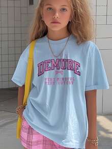 A Piece Of Girl Casual Graphic Print Crew Neck Short Sleeve T-Shirt, Suitable For Summer Student Wear, Fit For Teenagers & Children - Artistic Style T-Shirt Inspiring Imagination And Self-Expression! Girls Graphic Tee, Summer Top, Teenage Clothing - Baby Blue - View 3