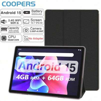 Coopers CP20 平板电脑安卓 15 平板电脑带保护套，RK3562 四核 2.0Ghz/4GB RAM 64GB ROM/2.4G WiFi+WiFi 6/蓝牙 5.2/FHD IPS 显示屏/2MP+5MP 双摄像头/6000mAh/支持 512GB SD 扩展/用于在线课程、阅读、游戏（无适配器）