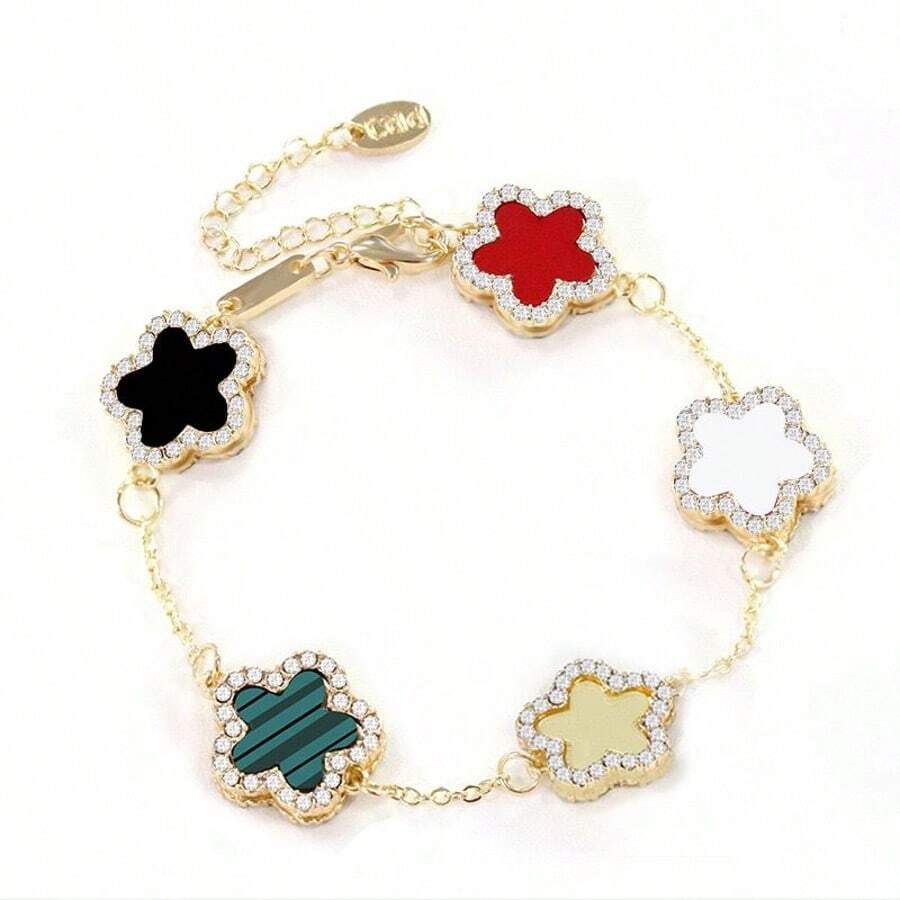 1pc Clover Shaped Rhinestone Decor Elegant Bracelet, Fashionable Dual-Sided Mother Of Pearl Flower Bracelet, Multiple Colors Available For Women