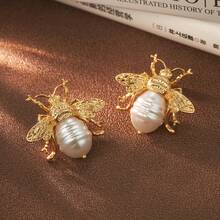 1 对时尚优雅蜜蜂设计女士复古优雅耳环，适合节日、派对和母亲节礼物 - 金色 - 查看 5