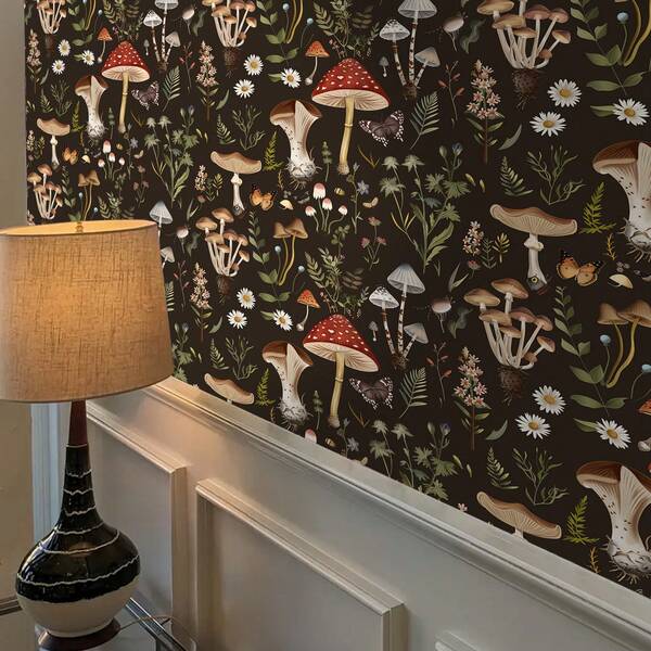 1 Roll Of Vintage Self-Adhesive Wallpaper, Mushroom, Floral And Butterfly Textured, Forest Plant And Animal Style, Peel And Stick Removable Wallpaper, Lined With Glue, Straight Matching, Removable And Reusable, Easy To Install, No Residue, Suitable For Bathroom, Bedroom And Wall Decor Renovation