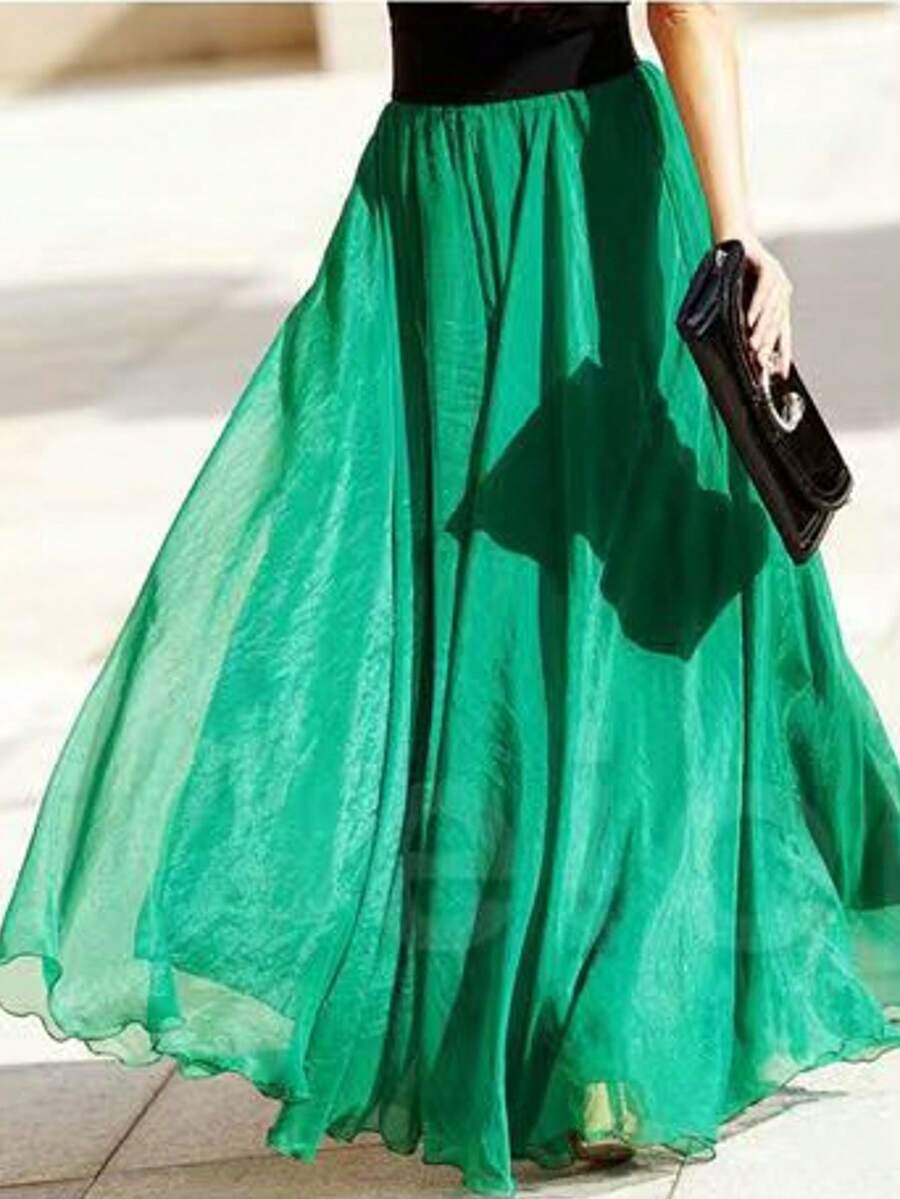 LUCIDVUE 女士夏季连衣裙孔雀蓝闪光面料双层雪纺裙两种穿法海滩度假装大摆优雅裙子回力长裙 - 綠色 - 查看 1