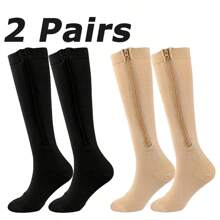 2 Pairs Zipper Compression Socks For Men And Women - Calf & Knee Support Stockings 15-20mmHg Compression Stockings, Side Zip Knee High Socks,Comfort And Breathability,Suitable For Sports