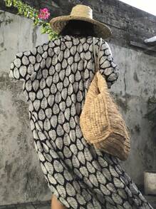 Boho Style Rayon Kimono Dress - Black & White Leaf Print, Vacation Casual, With Belt, V-Neck, Short Sleeve, Lightweight & Fashionable Women Allover Print Belted Wrap Dress With Bow