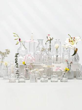 5pcs/Set Vintage Mini Flower Vases, Various Styles Small Bud Vases For Centerpieces,Clear Flower Pot With Carving Detail, Perfect For Rustic Wedding Decor, Party, And Gathering Table Decoration,Home Decor,Flowers Vases Set,Centerpiece,Table Decor Gifts Birthday Graduation