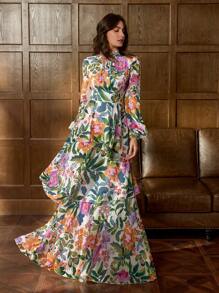 Elegant Vibrant Floral Print Maxi Gown With Fruit & Floral Motif - Lightweight Chiffon Fabric For Luxury Banquets, Red Carpet Events & Elegant Receptions,Party Dress,Formal,Evening,Wedding Guest