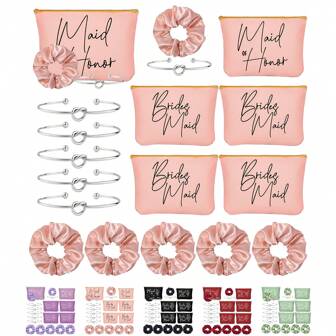 5 Set Bridesmaid Proposal Gifts Bridal Shower Gifts, 5 Pcs Cosmetic Makeup Bags 5 Pcs Scrunchies Hair Knotted 5 Pcs Bracelets Favors For Wedding