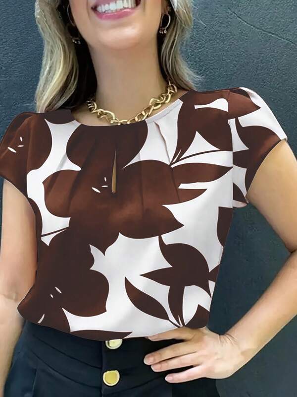 Women's Random Print Short Sleeve Shirt - Casual Round Neck, Loose Fit, Polyester Blouse For All Seasons