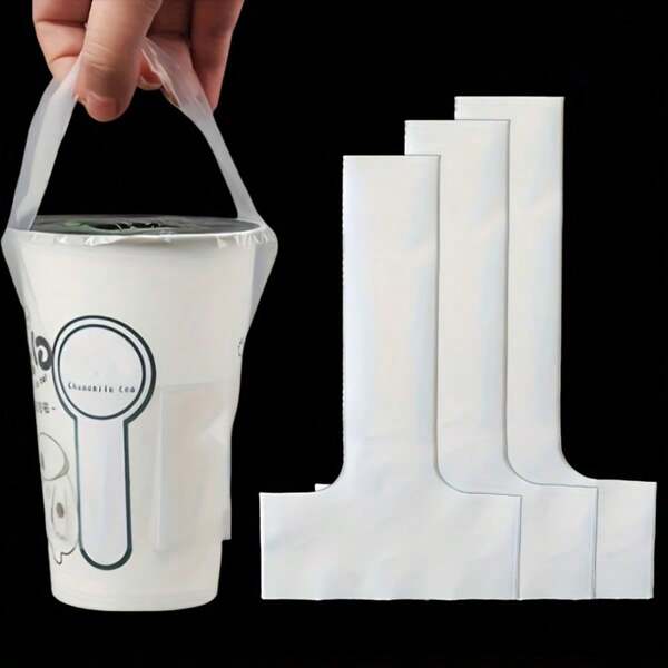 100 piezas Bolsas portadoras de té con leche con forma de T - Fundas de plástico transparente desechables para vasos con asa, ideales para café y bebidas para llevar, suministros para fiestas