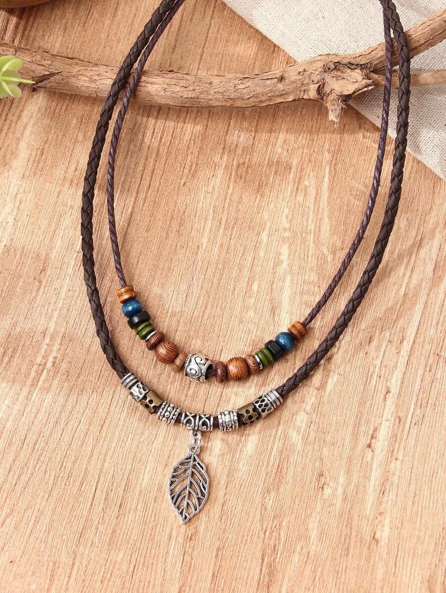 1pc Boho Vintage Leaf Pendant Multilayer Necklace, PU Leather Material, Suitable For Women Everyday Wear