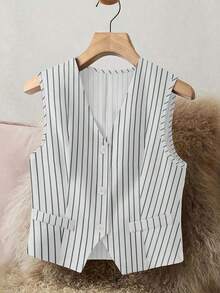 Women Commuter Simple Single-Breasted Striped Vest Jacket Elegant V-Neck Button Tank Top Perfect For All Seasons - White - View 3