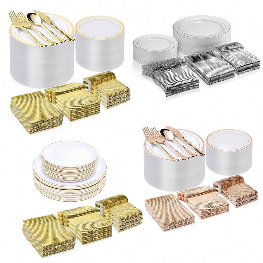 50pcs Set Gold/Silver/Rose Gold/White Ivory Party Plates, Variety Of Colors, Dessert Plates, Salad Plates, 10.25-Inch And 7.5-Inch Dinner Trays, Suitable For Halloween, Christmas, Wedding, Party, Dinner