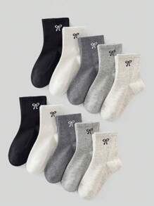 5 Pairs Of Children's Socks, Solid Color Bow Pattern Girls Four Seasons Cute Casual Simple Daily Travel Can Wear Children's Mid-Tube Socks.