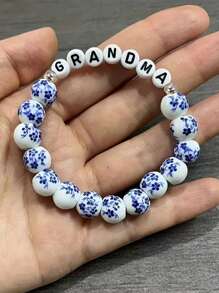 1PC Elegante 8mm Feito à Mão Azul e Branco Porcelana Stretch Pulseira de Contas, Presente de Aniversário, Presente de Aniversário, Presente para Nana/Mimi/MaMa/Vovó