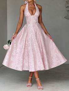 Vestido de fiesta elegante de longitud media con cuello en V, cintura ceñida y estampado floral texturizado, color rosa - Rosa - Ver 2