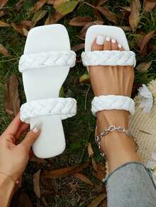 New Summer Fashion Korean Style Woven Strap Slide Sandals For Women, Flat, Versatile Beach