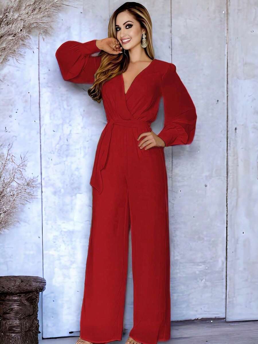 Palazzo con Escote en V Manga Larga Abultada y con Detalle de Cinturon - Rojo - Ver 1